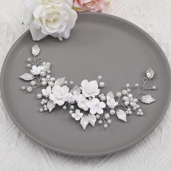 Flower Bride Wedding Hair Vine Pearl Bridal Hair Piece Leaf Hair Accessories Rhi - Picture 2 of 7